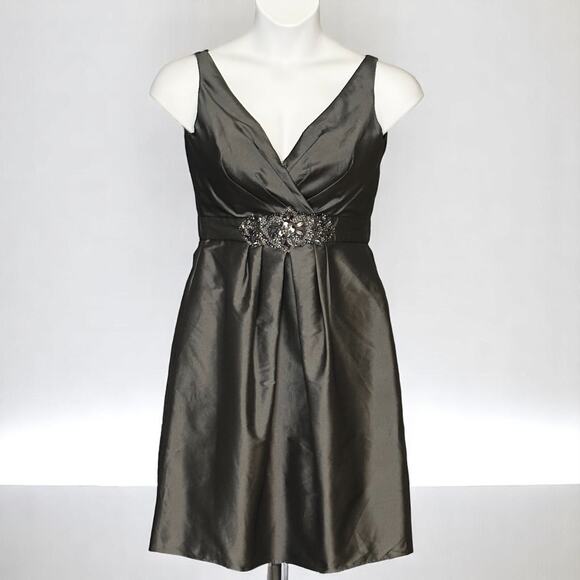 Vintage LAZARO Sleeveless Cocktail Dress Sz 10 Satin Jeweled Wedding Pewter Gray - Picture 2 of 15